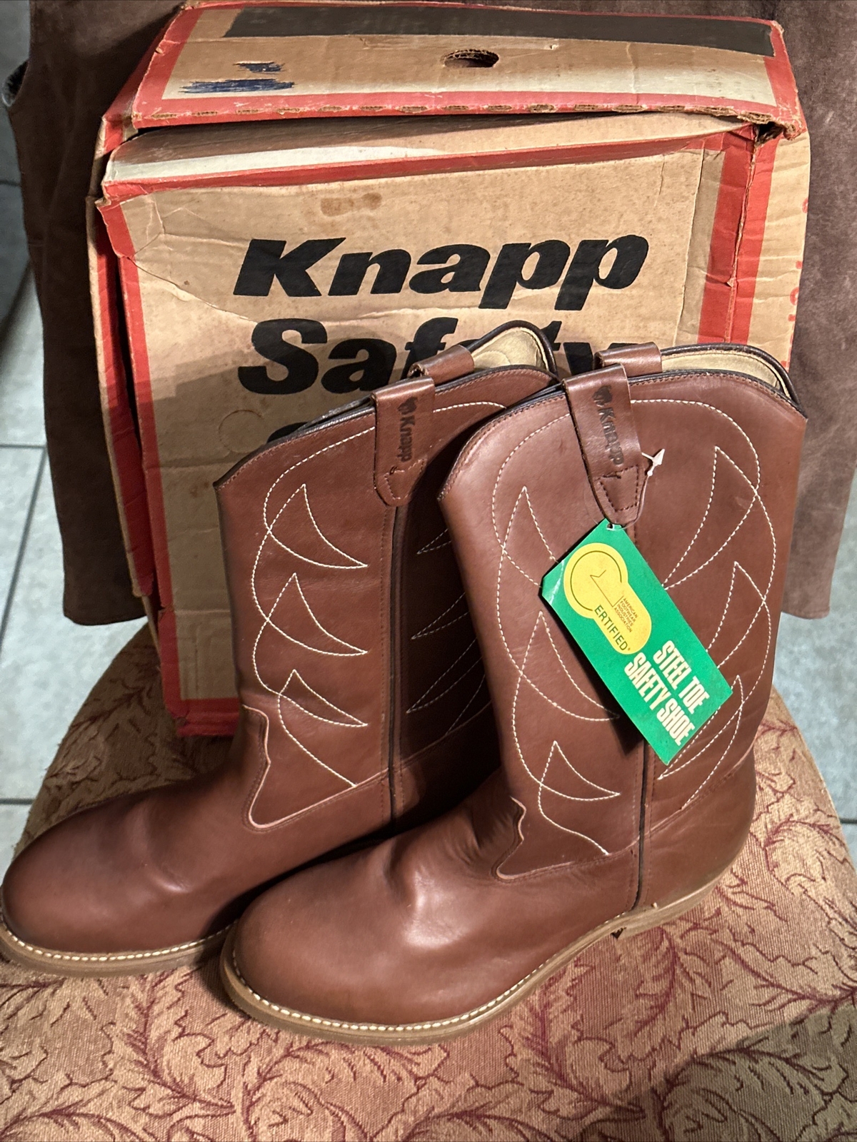 KNAPP Men's Steel Toe Safety Work Boots, Brown Leather, Steel Toe, Size