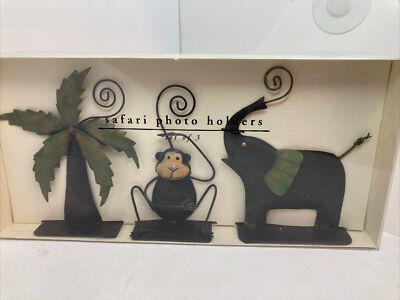 Pier 1 Safari Animals Tin Photo Holder Set of 3 Palm Tree Monkey Elephant New
