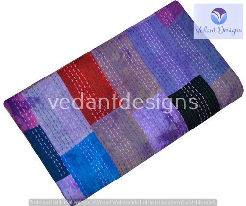 Handmade Cotton Vintage Patchwork Queen Kantha Quilt Indian Bedspread - Picture 4 of 6