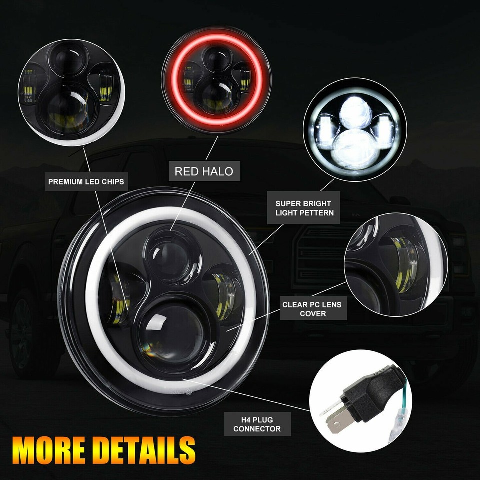 Pair 7 Round LED Headlights Red DRL White Halo for Chevy C10 C20