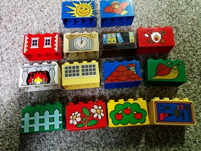 1 lego duplo 2X4X2 brick printed flower fence bird apple tool fireplace fire
