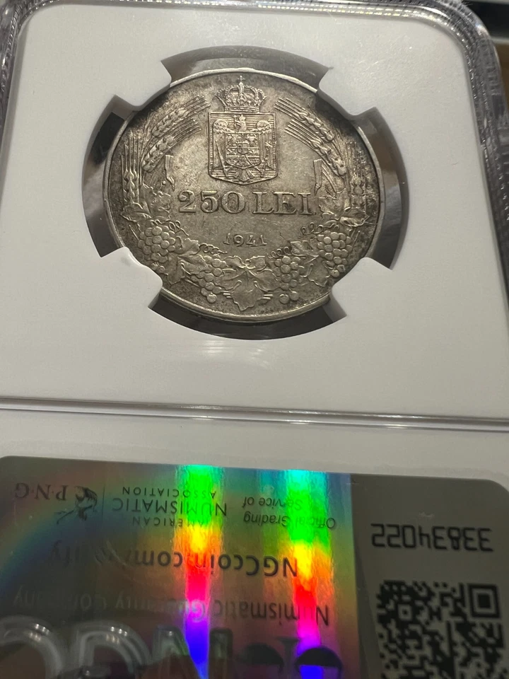 250 Lei 1941 TPT "Totul Edge", Silver, Romania NGC AU55 - Image 4 of 4