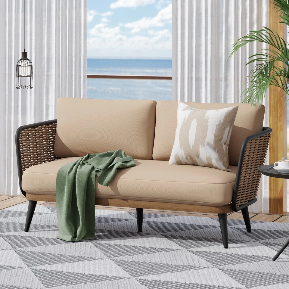 Уличный ротанговый стул для патио двухместный диван с подушками и подушками - Изображение 2 из 4