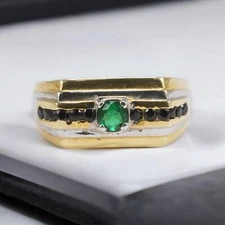 Emerald Round Cut With 925 Sterling Silver Gold Plated Ring For Men's #944 *
