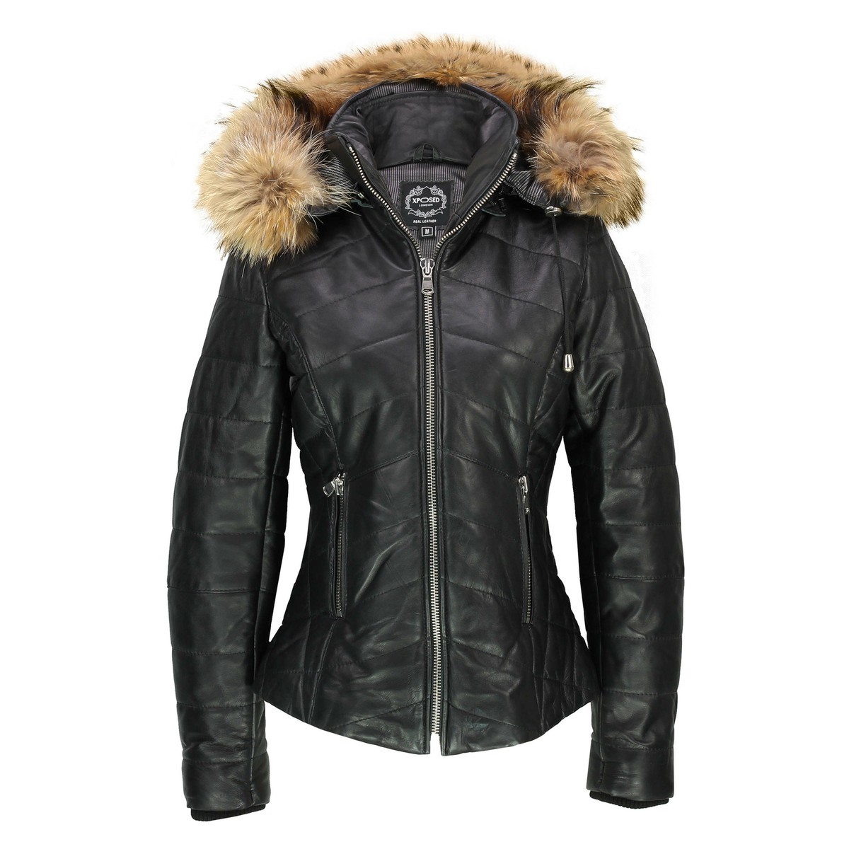 Black Leather Jacket With Fur Hood PATRICIA Ladies Black Leather