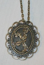 Lovely Textured Scallop Rim Brasstone Little Genie with Lamp Necklace Brooch Pin