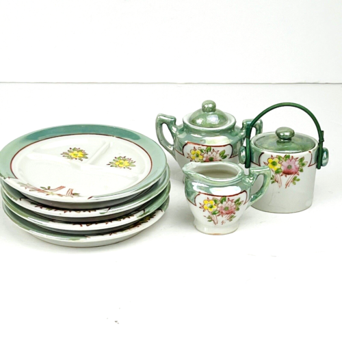 Vintage Childs Tea Set Green Floral Lusterware Plates Ginger Jar Set of 7 - Picture 1 of 14