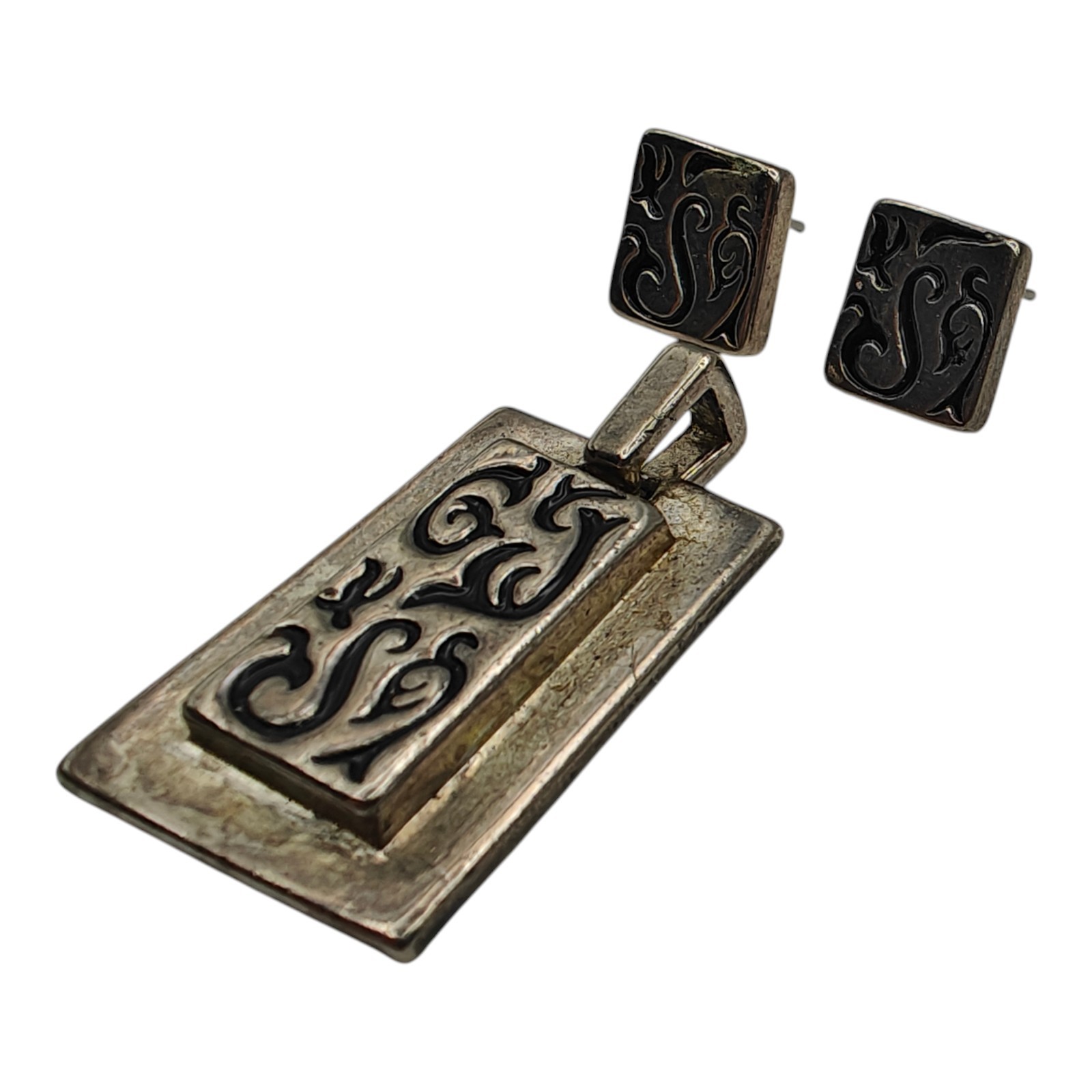 Scrolled Rectangle Charm And Earrings Pendant Sil… - image 3
