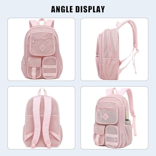 Mesh Backpack for Boys Girls Adults, Heavy Duty See Through School Light Pink