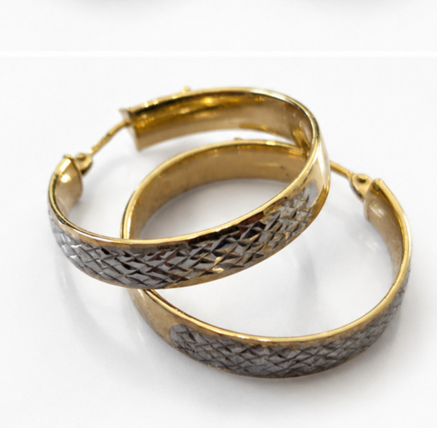 9ct Two Tone Gold Hoop Earrings Patterned White Yellow Italy Hinged Stamped 375