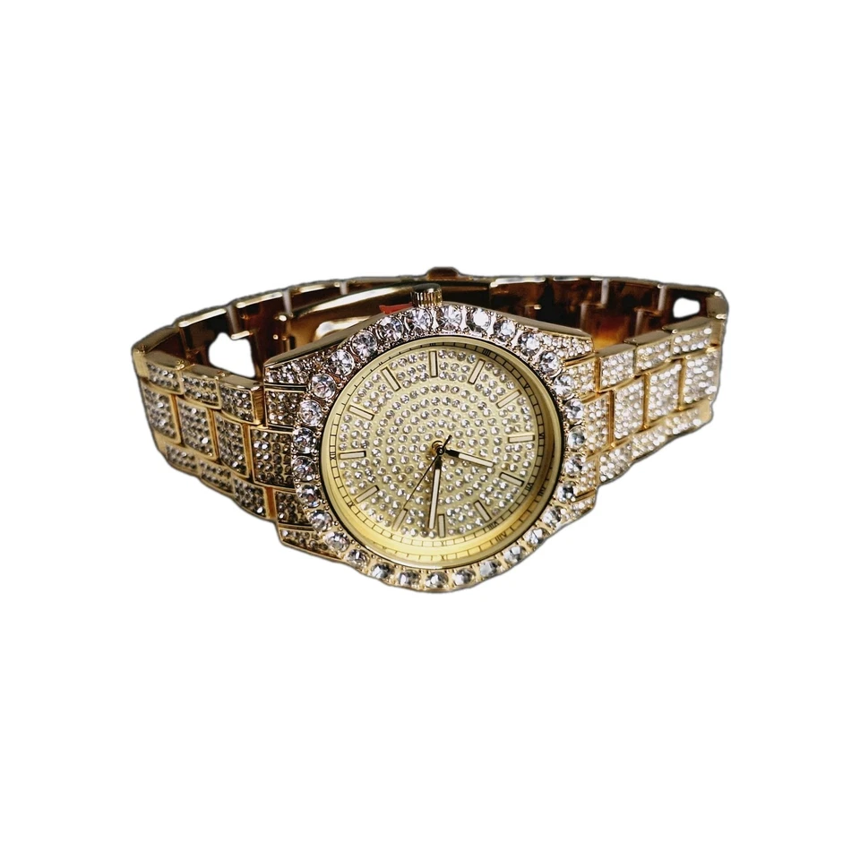 Techno Pave Gold Tone 42mm & Gold Face Band Studded Faux Diamond Mens Watch - Image 3 of 4