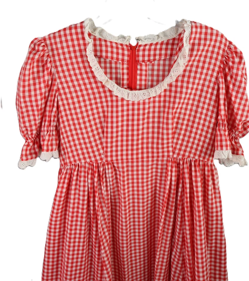 Maxi Vestido Largo Rojo De Colección Años 70 Para Mujer 16 XL Cottage Core Pradera Encaje Guinga Foto 3 de 4