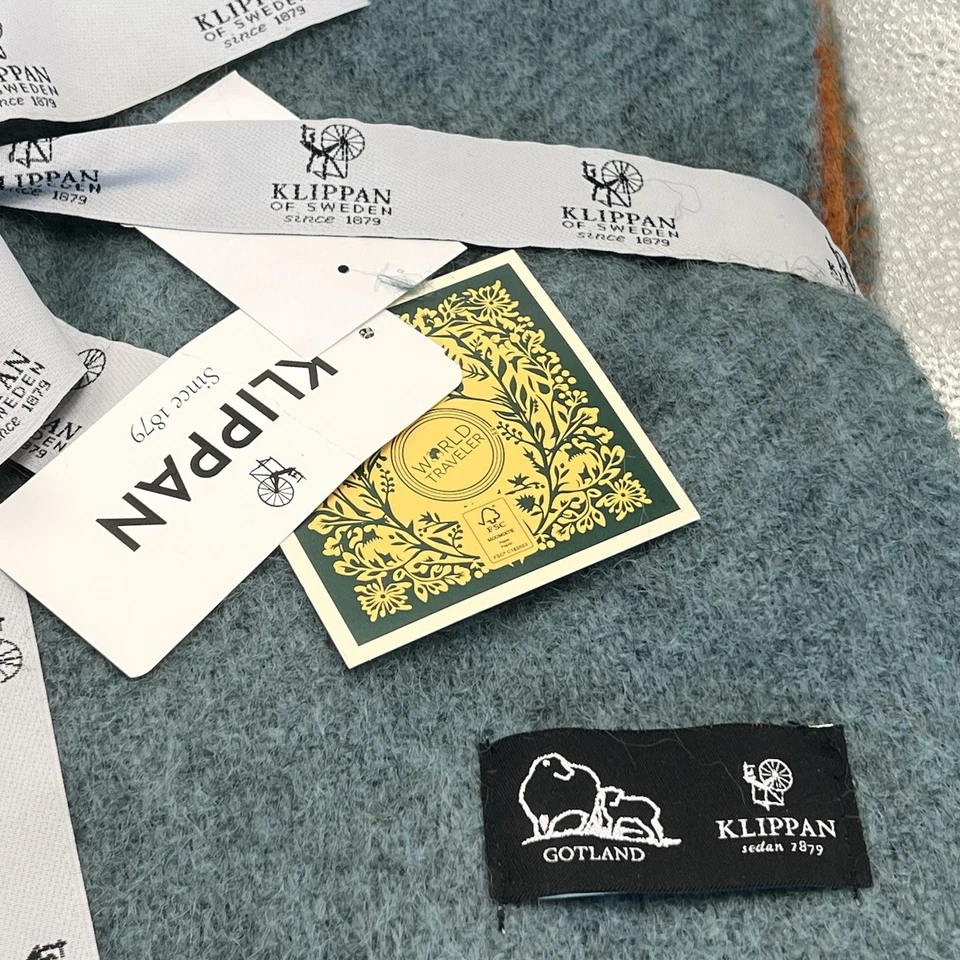 Manta a cuadros Klippan azul naranja marrón lana Suecia 51”x79” (130x200 cm) Foto 2 de 4