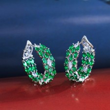 Women Trendy Silver Plated Cubic Zirconia Green Round Wide Hoop Earrings Jewelry