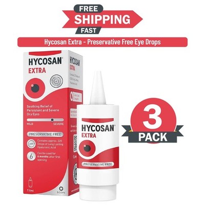 3 X Hyco-san Extra Preservative-Free Lubricating Eye Drops 7.5ml. EXP-10/2026