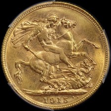 1915 Melbourne George V Large Head Sovereign Choice Unc (PCGS MS63)