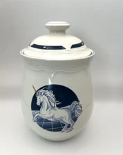Vintage 80's Blue Unicorn Kitchen Canister Tienshan Stoneware 8.5” With Lid