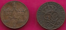 SWEDEN 1 ORE 1932 RULER GUSTAF V OF SWEDEN DIVIDES DATE,CROWNED DOIBLE MONOGRAM