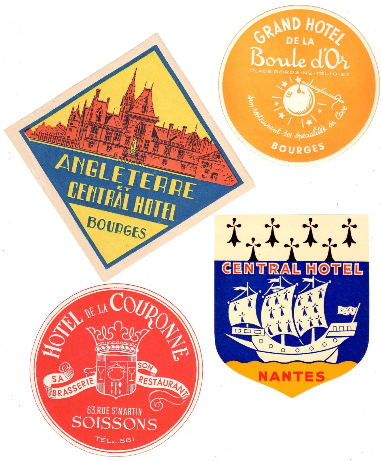 Vintage French Hotel Luggage Labels Set of 8 Bourges Nantes Limoges SB