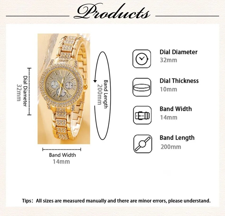 Ensemble Montre Et Bracelet Femme Doré 6 Pièces - Mouvement Quartz - Style Luxe