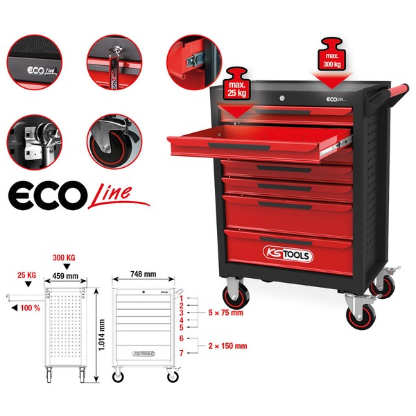 KS Tools Werkstattwagen Mit 7 Schubladen, Ecoline Werkstattwagen Schwarz/Rot-image