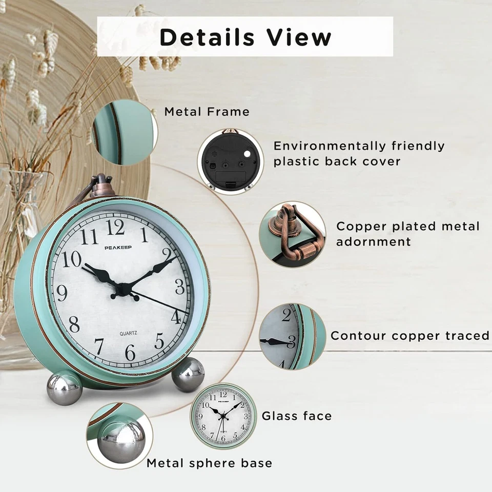 4英寸Aqua复古闹钟静音石英模拟床边装饰 — 第 3/4 张图片