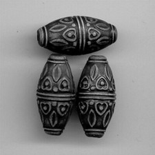 12 VINTAGE BLACK WASHED ACRYLIC CARVED TRIBAL HEART LEAF 28mm. OVAL BEADS 2667