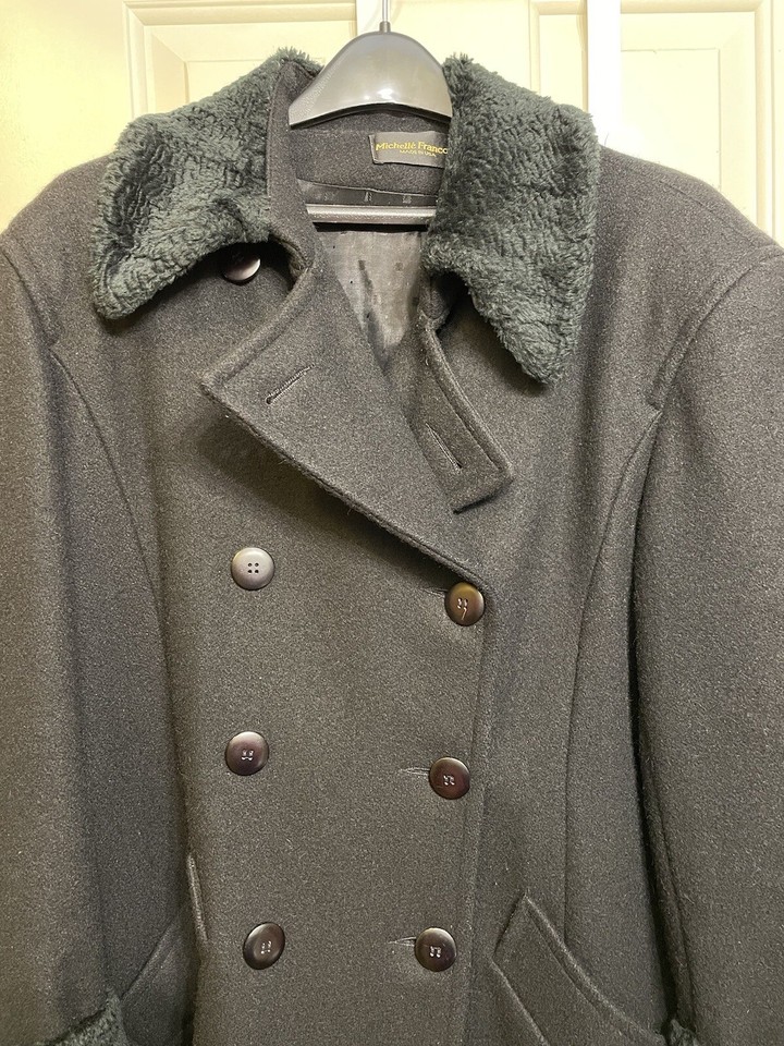 Women’s Black Pea Coat Large/XL Black Sherpa Collar Wool Jacket 50 eBay