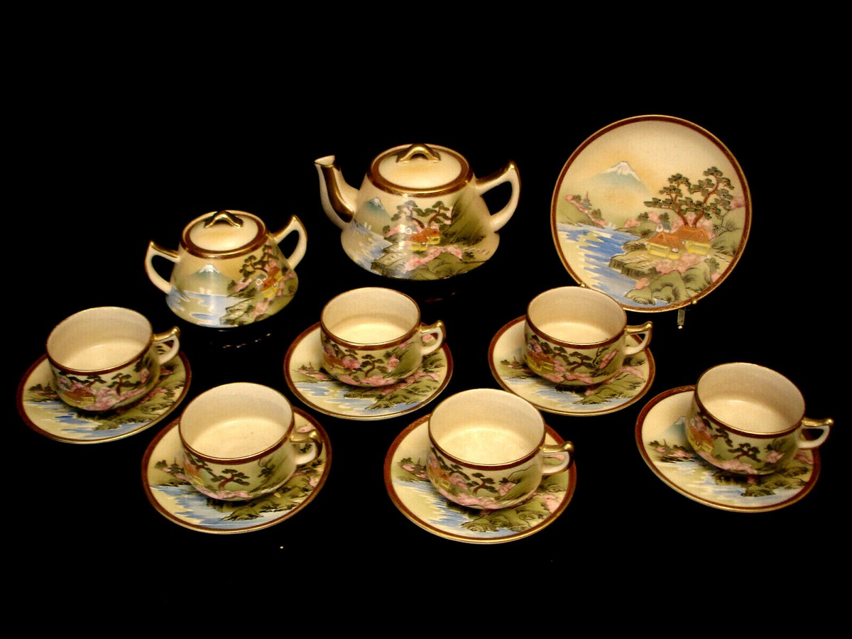 MARKED Kyokuzan JAPANESE TAISHO SATSUMA TEA / COFFEE SET POT CUP