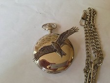 B45 Red Kite polished silver case mens GIFT quartz pocket watch fob