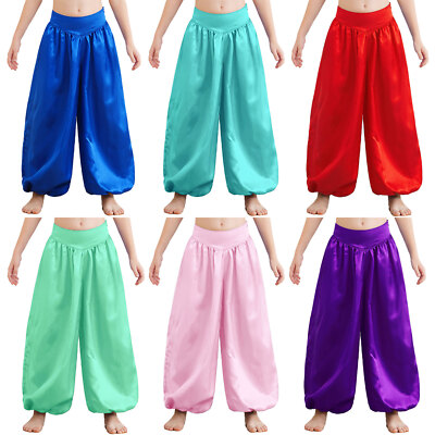 Kids Girls Dance Pants Event Trousers Wide-Leg Bloomers Satin Halloween  Palazzo