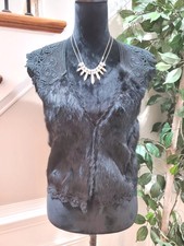 Vtg Jazzy Star's Women's Black Polyester Sleeveless V-neck Fur Jacket Vest  L