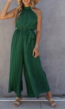 Elegant Halter Neck Belted Pleated Wide Leg Jumpsuit