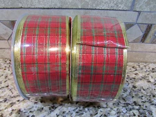 NEW 180 FT RED PLAID CRAFT RIBBON WIRE EDGE 2.5" WIDE W/ GOLD  FREE SHIP
