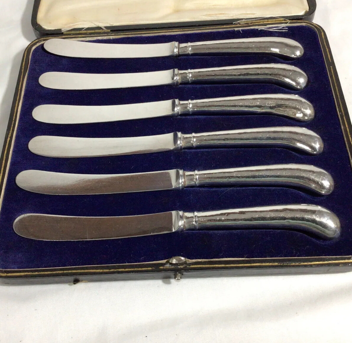 1918 Solid Silver Pistol Grip Handle Six Butter Knives By Alfred Biggin