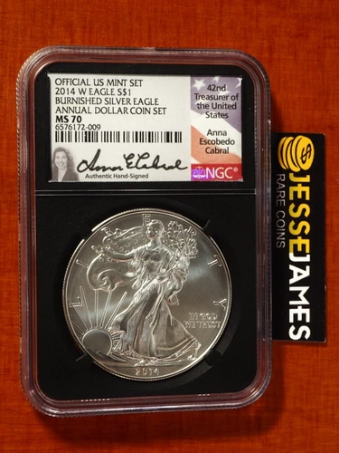 2014 W BURNISHED SILVER EAGLE NGC MS70 ANNA CABRAL FROM ANNUAL DOLLAR COIN SET