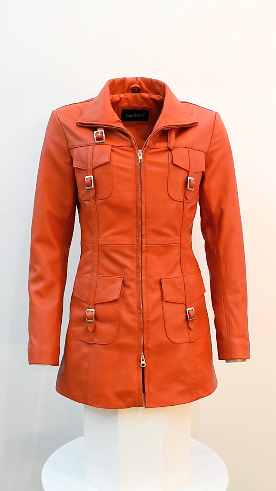 ALTRA Ladies Zip up Leather Jacket Orange Mid Length Slim Fit Style Casual Jacket Coat