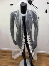 Long Bridal Wedding Veil Floral Lace Applique Pearl Sequin Tulle Comb NWOT