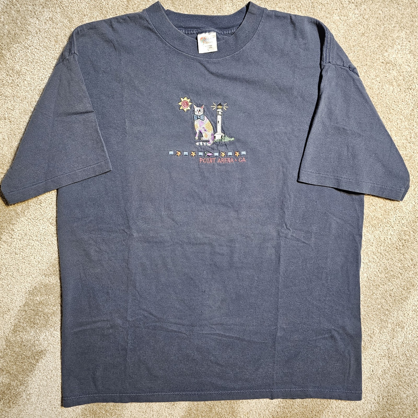 Vtg 90s Point Arena California XL Cat T-Shirt Blue Skate Art Single Stitch  Cute