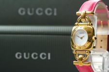  Exc 5 w/Case GUCCI 6300L White Dial Gold Qz Pink Band Woman's Watch From JAPAN