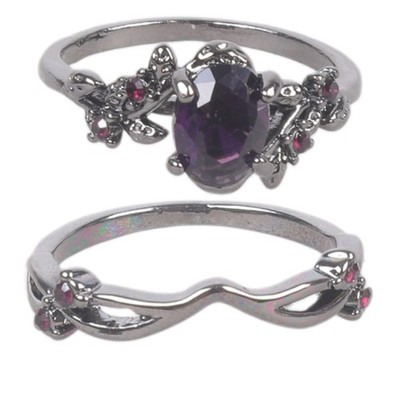 Elegant Retro Amethyst Black Rose Branch Crosses Rings Charm For Evening