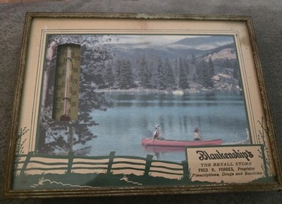 Vintage Blankenship's The Rexall Store Advertising Thermometer Canoe on Lake