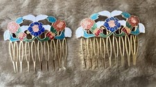 Vintage Style Floral Enamel Hair Comb Set Gold Tone Decorative Pair