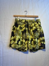 Men  s Yellow Hibiscus Board Shorts Swim Trunks Tropical Surf Beach Mesh