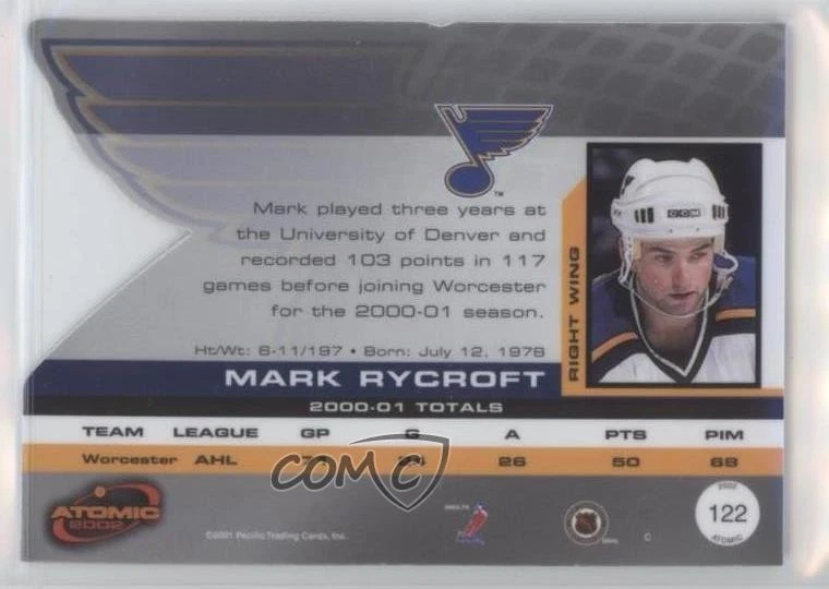 2001-02 Pacific Atomic Toronto National /500 Mark Rycroft #122 Rookie RC - Image 2 of 2