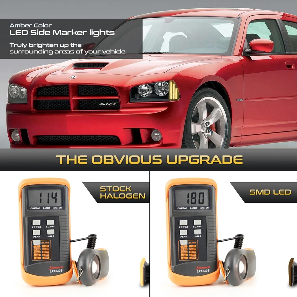 Full LED Front Smoked Turn Signal Side Marker Lights For 2006-2010 Dodge Charger - Изображение 3 из 4