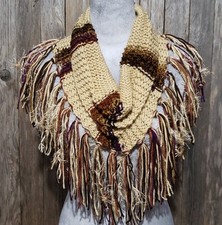 NEW Hand Knitted Beige Brown Purple Infinity Boho Cowl Scarf Fringe Hippie Indie