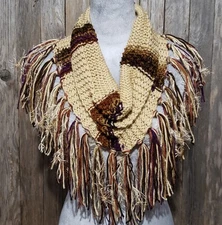 NEW Hand Knitted Beige Brown Purple Infinity Boho Cowl Scarf Fringe Hippie Indie