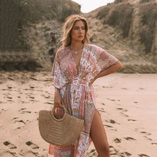 Women's Bohemian Floral Printed Irregular Hem Beach Dress S-XL