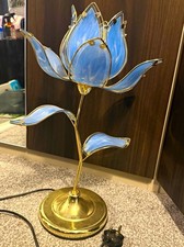 Vintage Blue Glass Lotus Flower Table Lamp Gold Brass Retro Hollywood Regency